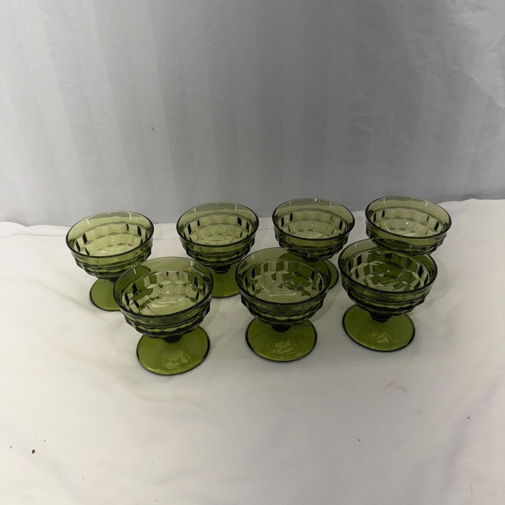 Vtg Indiana Glass Avocado Green Footed Cubist Sherbert Dessert Glasses MCM x7